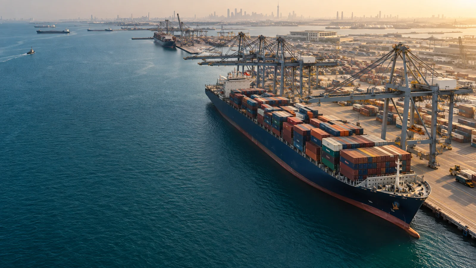 Illustrative Arabian Gulf container port and cargo vessel